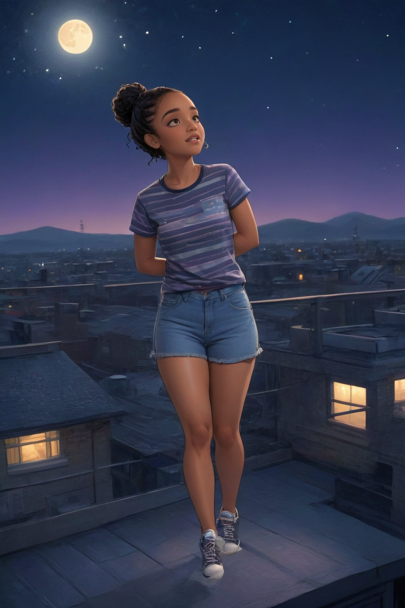 00011-3694848797-dan hipp style aisha dee wearing striped t-shirt, denim shorts, and canvas sneakers at a moonlit rooftop where characters have h.png